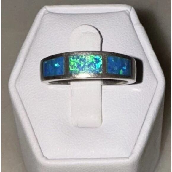 Opal Inlay Ring 925 Sterling Silver – Unisex Band Ring, Size 8 - Picture 1 of 7